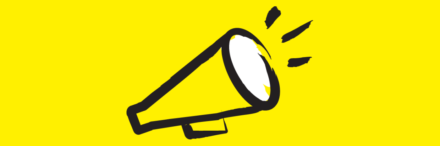 An illustration of a megaphone outlined in a black paintbrush style design with white and black accents.