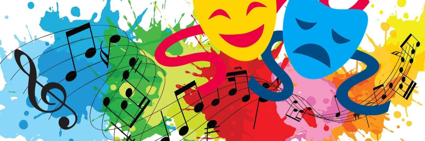 Illustration of musical notes and comedy & tragedy masks on top of splotches of colour in primary colours.