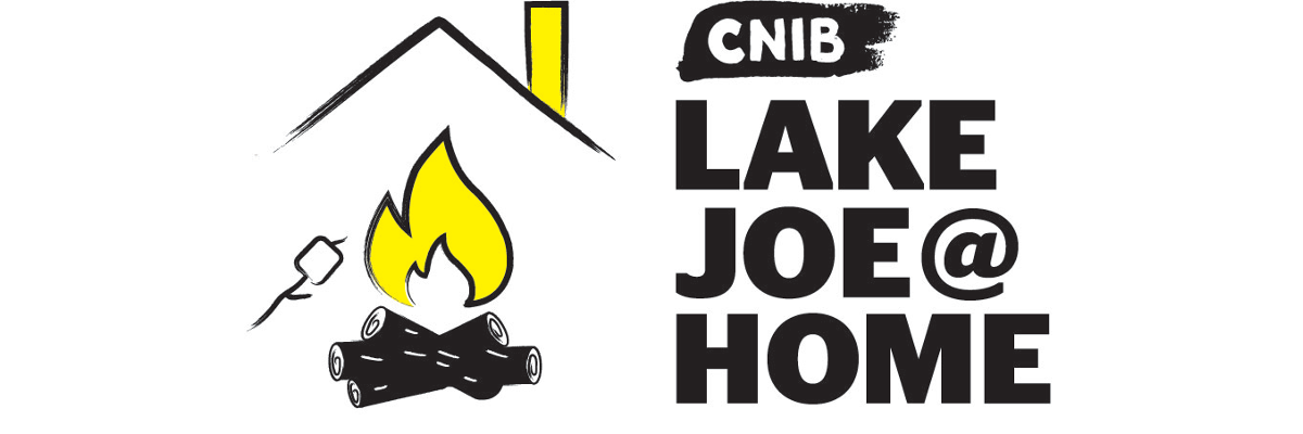 CNIB Lake Joe at Home logo. An illustration of a bonfire/roasting marshmallow sitting underneath an outline of a house/roof.  