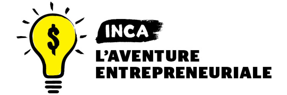 Illustration du logo du jeu Venture Zone, qui montre une ampoule jaune vif sur laquelle se trouve un signe de dollar et flanquée des mots « INCA L'Aventure Entrepreneuriale »