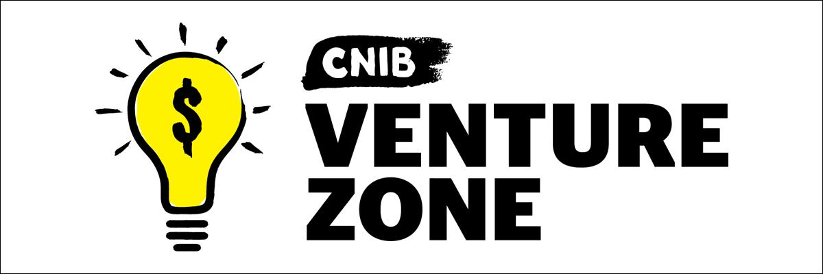 Illustration of the Venture Zone  logo, which displays a bright yellow lightbulb with a dollar sign placed over it next to the words “CNIB Venture Zone”