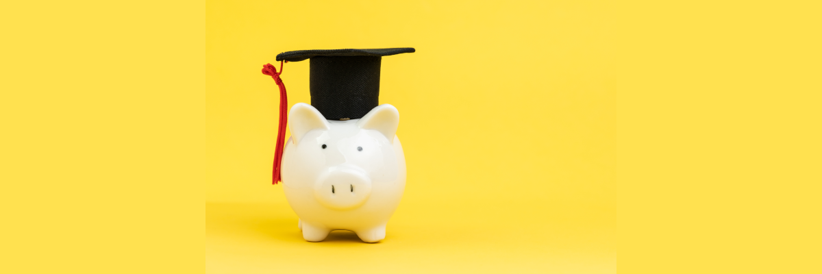 A White piggy bank wearing graduation cap on yellow background.
