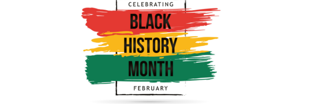 An index card with three different brushstrokes. One brushstroke in red, one in yellow and one in green colours. Text: Celebrating Black History Month. February.