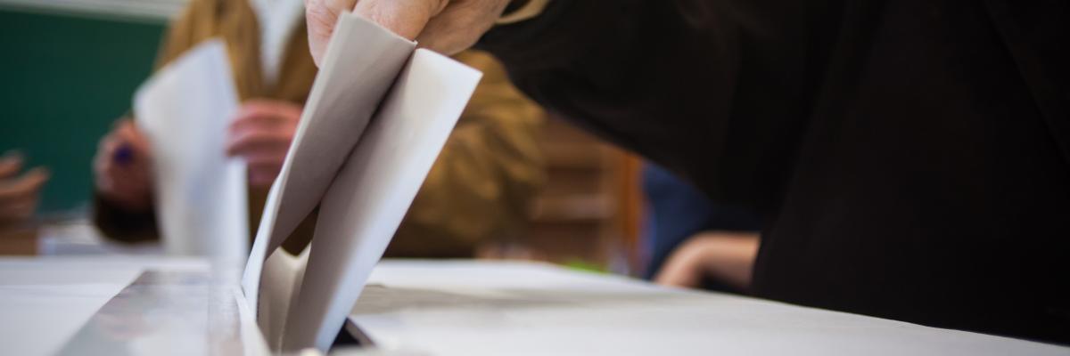A person drops their ballot into a voting box.