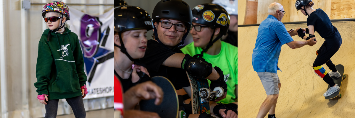 From left to right: A young skateboarder in sunglasses skating along the ground, skateboarders smiling wearing their helmets, a skateboarder holding the hands of another who is assisting them on the halfpipe.