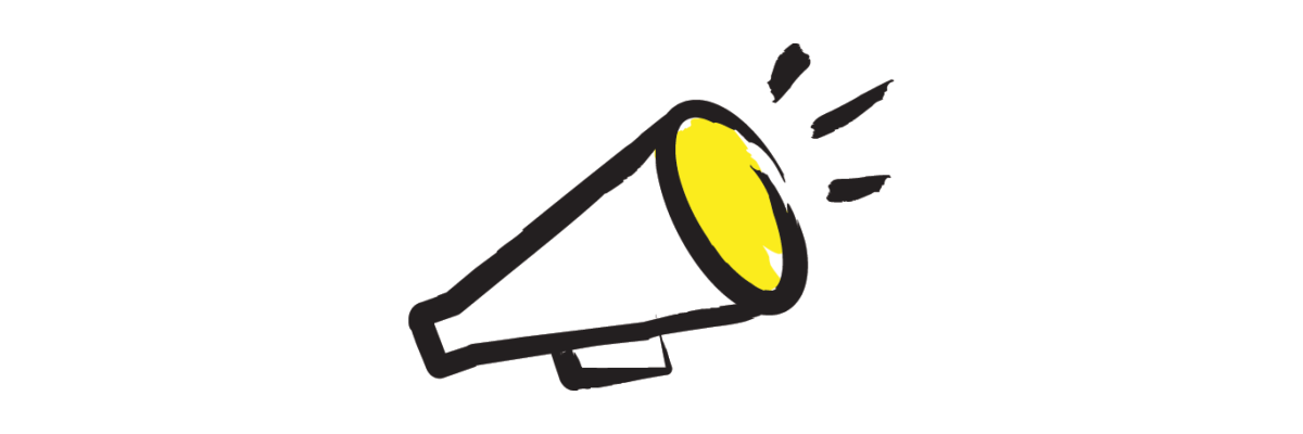 An illustration of a megaphone outlined in a black paintbrush-style design with yellow accents.
