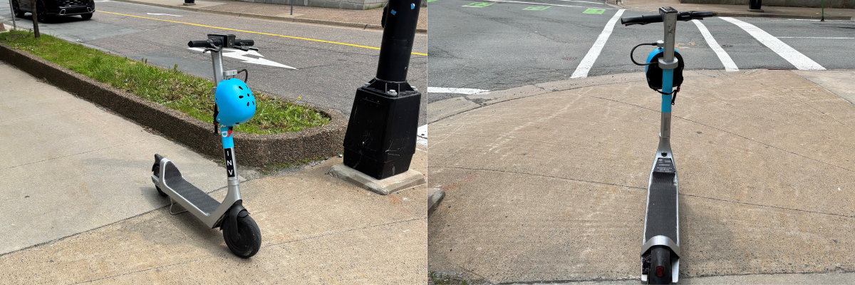 Two photos arranged side-by-side featuring a grey e-scooter parked in the middle of a pedestrian sidewalk with a blue helmet resting on the front of the scooter.