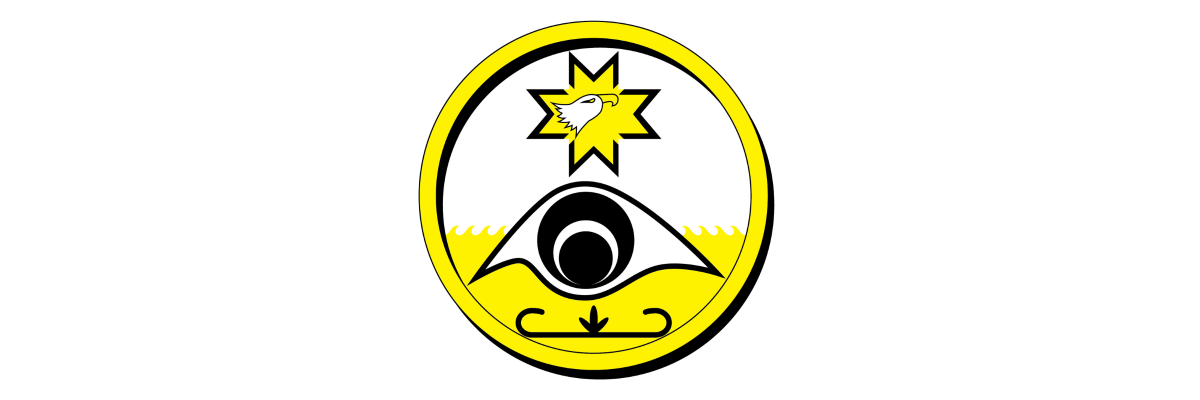 CNIB Reconciliation Icon. A graphic art illustration featuring a stylized eye within a ring or circle. The bottom part of the design features an eye and yellow waves with a double-curve mosaic. Above the eye, there is a yellow 8-point star with a white eagle head in the centre of the design. 