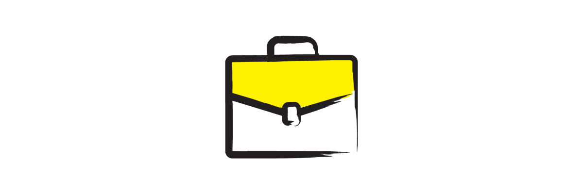 An illustration of a briefcase outlined in a black paintbrush-style design with yellow accents.