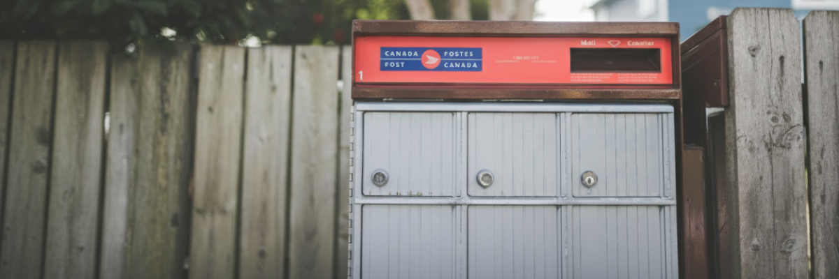 Canada Post mailbox with a wooden fence behind it.