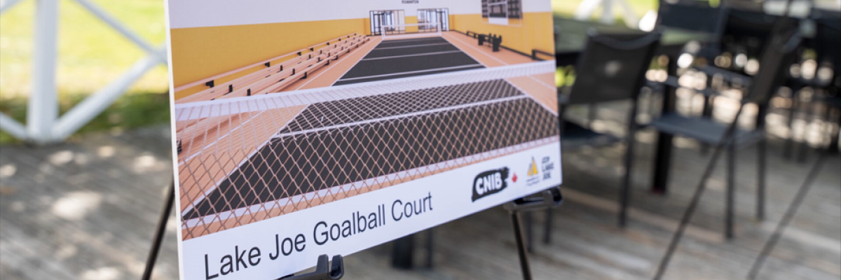 Artist rendering of the new CNIB Lake Joe Goalball Court showcased on an easel on the deck at CNIB Lake Joe.