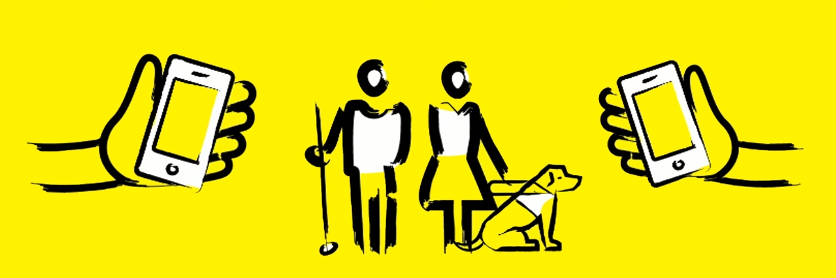 Graphic showing Phone it Forward logo with hands holding smartphones, a man with a white cane and a woman with a guide dog
