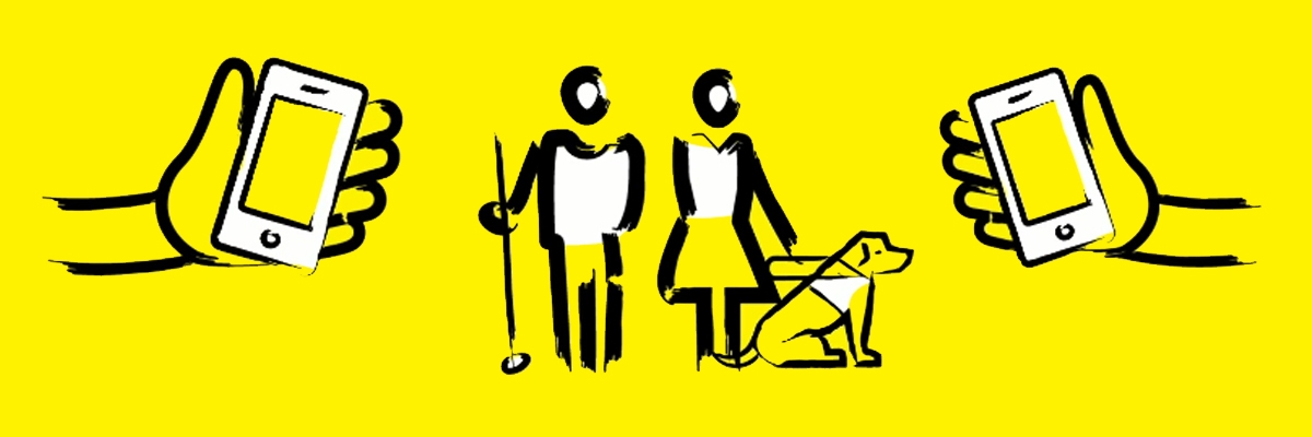 Graphic showing Phone It Forward logo with hands holding smartphones, a man with a white cane and a woman with a guide dog. 