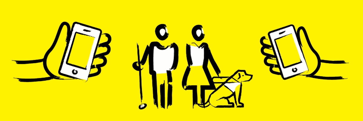 Graphic showing Phone it Forward logo with hands holding smartphones, a man with a white cane and a woman with a guide dog