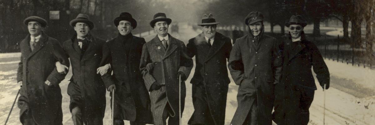 Seven veterans with sight loss walking in Regent's Park near St. Dunstan's in 1917. St Dunstan's – now Blind Veterans UK – is a rehabilitation facility in London that provides rehabilitation services to veterans with vision loss.