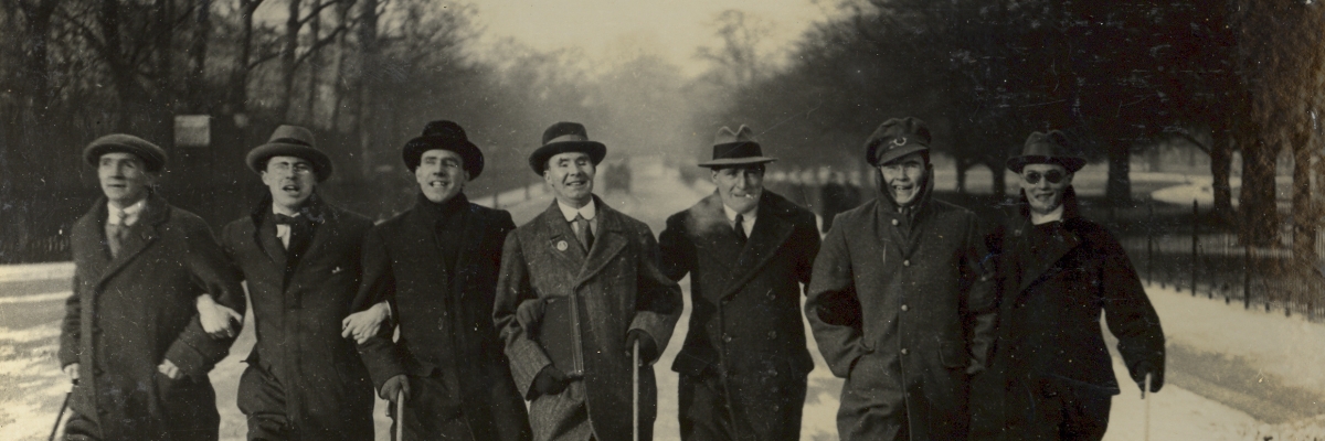 Seven veterans with sight loss walking in Regent's Park near St. Dunstan's in 1917. St Dunstan's – now Blind Veterans UK – is a rehabilitation facility in London that provides rehabilitation services to veterans with vision loss.