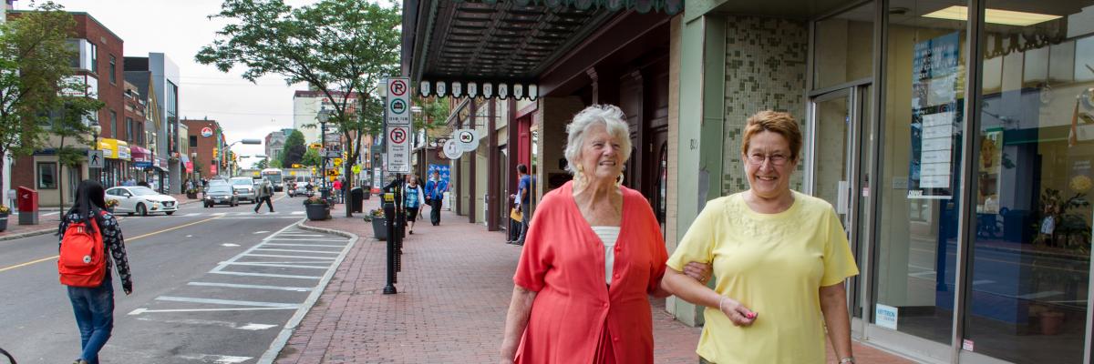 Image of two female vision mates walking down a sidewalk smiling. 