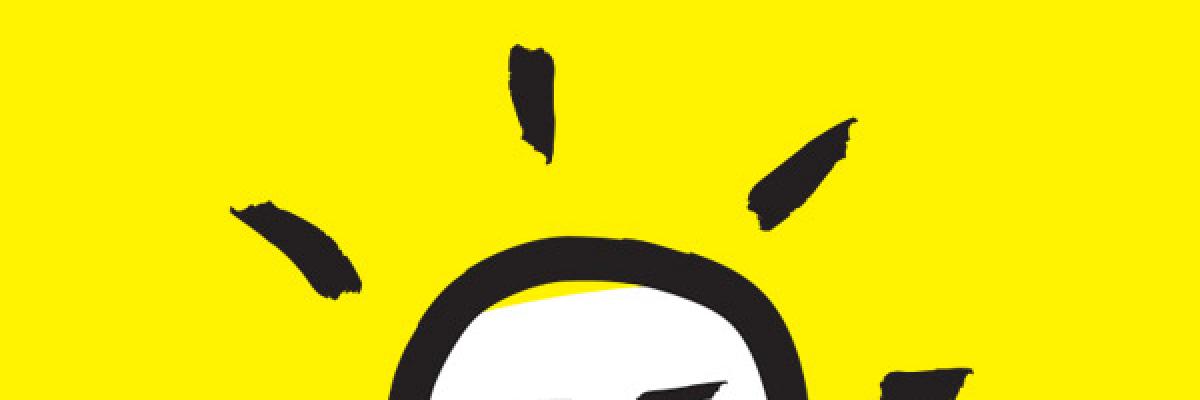 A bright yellow background with an illustration of a sun.