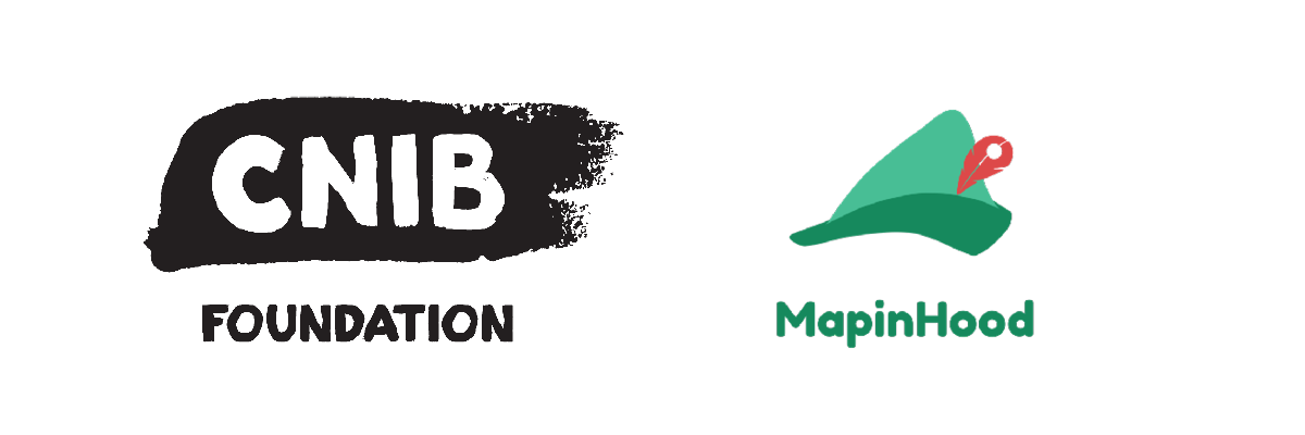On the left, the CNIB Foundation brushstroke logo. On the left, the MapinHood Logo: a small green hat with a red pin in the shape of a feather.