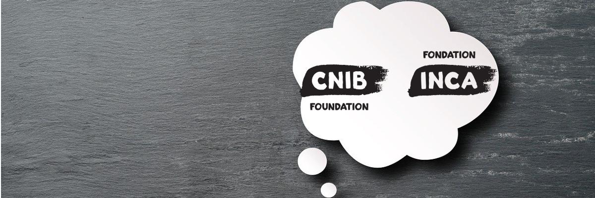 An illustration of a white, thought-cloud bubble against a grey background. Inside the thought bubble is the CNIB/INCA logo in black.