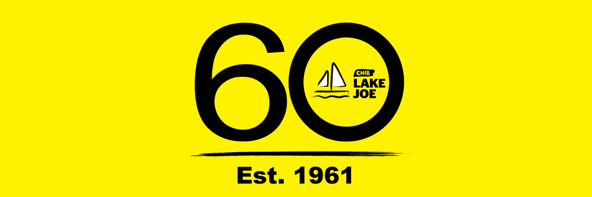 CNIB Lake Joe 60 logo. A large "6" and "0" with the CNIB Lake Joe sailboat logo inside the "0". Text: Est 1961