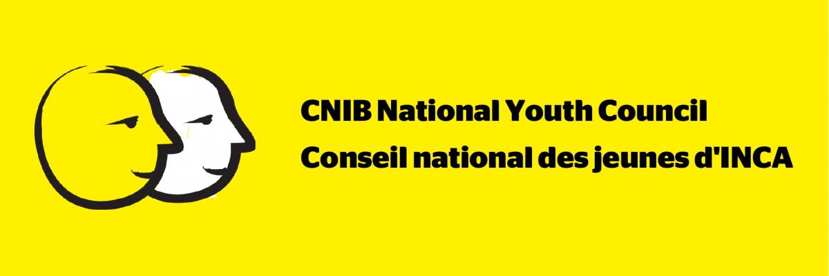 A yellow banner featuring an illustration of two cartoon faces outlined in a thick, black paintbrush design. Text: CNIB National Youth Council. Conseil national des jeunes d'INCA