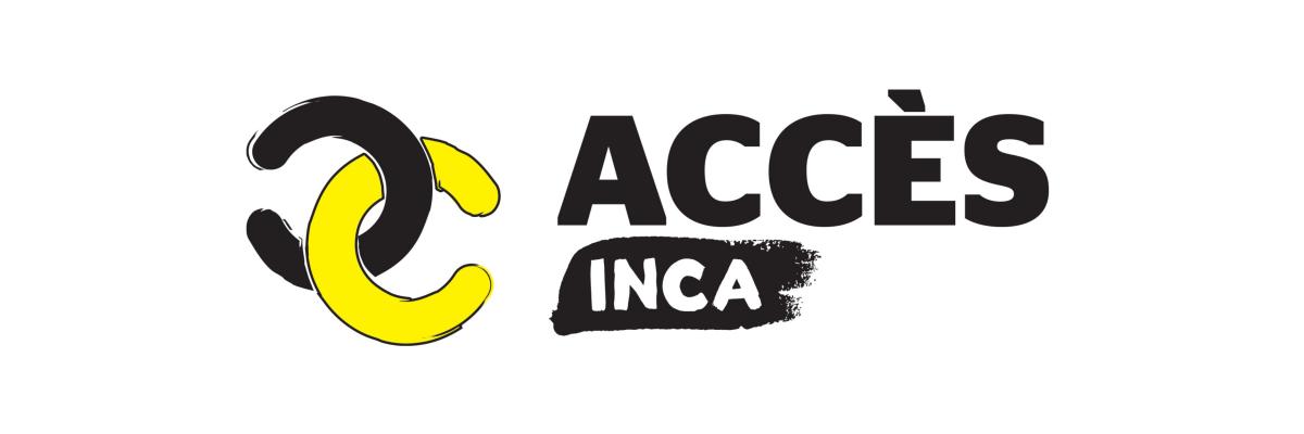 Logo d'Accès INCA Une représentation graphique qui simule deux lettres « c » reliées comme une chaîne. Un dessin en miroir, le « c » noir tourné vers l'arrière est relié à un « c » jaune tourné vers l'avant. Texte : Accès INCA.