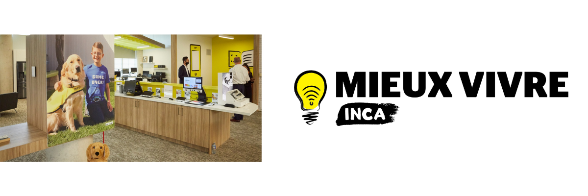 Photo d'un magasin de détail Mieux Vivre d'INCA avec divers appareils technologiques dans un espace lumineux et moderne. Vis-à-vis de cette photo, le logo Mieux Vivre d'INCA représenté par une ampoule électrique. 