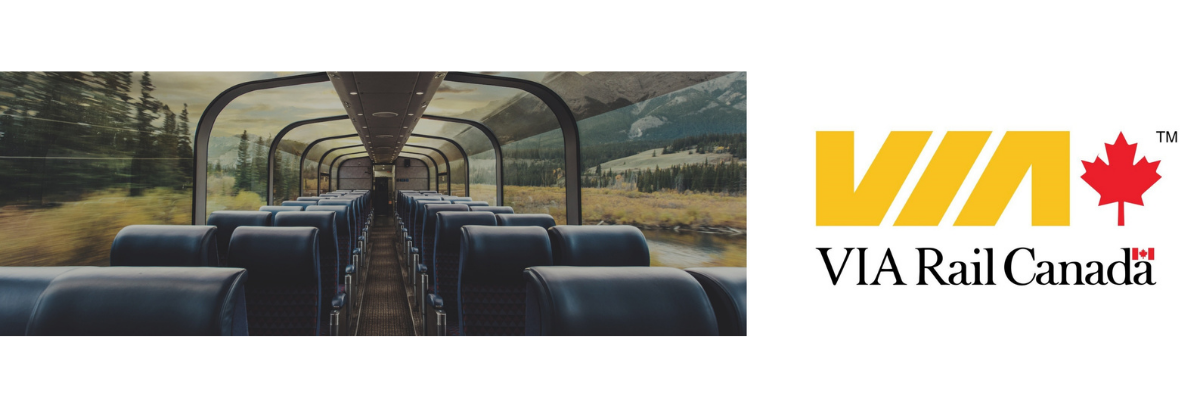 Beautiful image of an outdoor landscape, which is visible from inside a glass encased train car. Beside this image is the VIA Rail Canada logo.