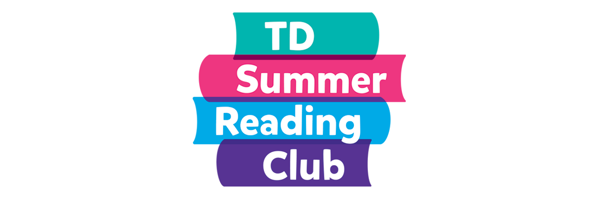 TD Summer Reading club logo. A graphic design illustration that resembles a stack of four colourful books. Text: TD Summer Reading Club