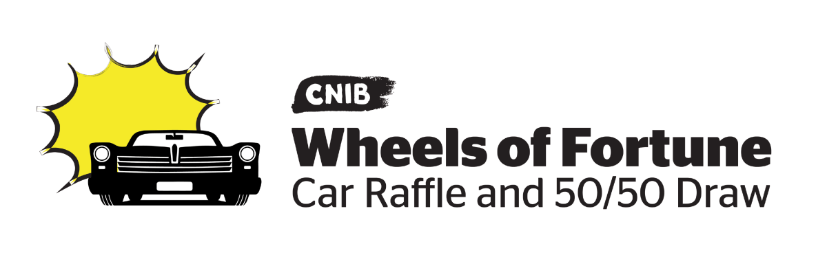 An illustration of the front end of a classic car. To the left of the car, an abstract yellow-flash design appears. Text: CNIB Wheels of Fortune Car Raffle and 50/50 Draw.