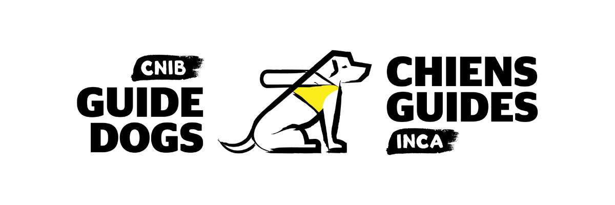 CNIB Guide Dogs bilingual logo : An illustration of a guide dog with a handle and harness. Text: CNIB Guide Dogs. 