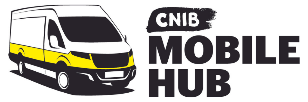  CNIB Mobile Hub logo. A graphic art illustration of a white cargo van outlined with yellow and black accents. Text: CNIB Mobile Hub.
