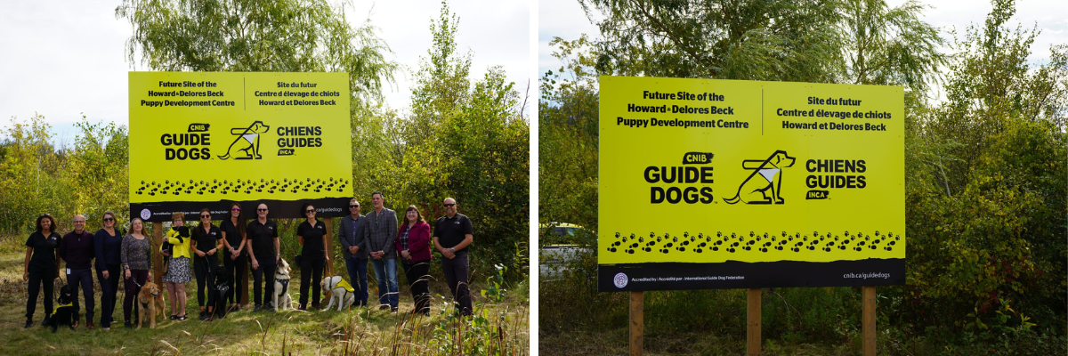 A group of 13 people, including CNIB Guide Dogs staff and municipal officials from the Town of Georgina, gather outdoors in rural Georgina to unveil signage for the future home of the Howard & Delores Beck Puppy Development Centre.