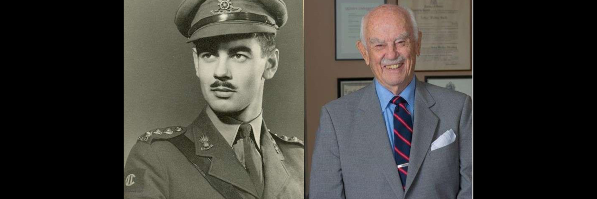 Two images side by side. Left image of Arthur Britton Smith in his World War II military uniform. Right image A senior Arthur Britton Smith smiles in his office