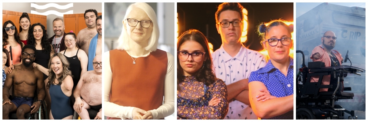 A collage containing 4 images from AMI programs, each featuring people with either visible or invisible disabilities 