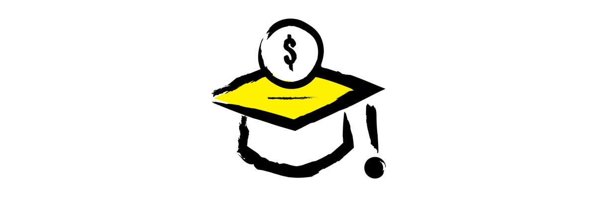 An illustration of a graduation cap with a dollar sign floating above the cap. The cap icon is outlined in a black paintbrush style design with yellow accents. 
