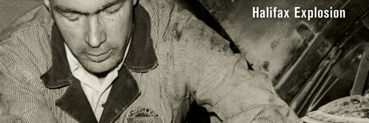Photo of book cover The Blind Mechanic: the amazing story of Eric Davidson, survivor of the 1917 Halifax Explosion. There's a B&W photo of a man in coveralls working.