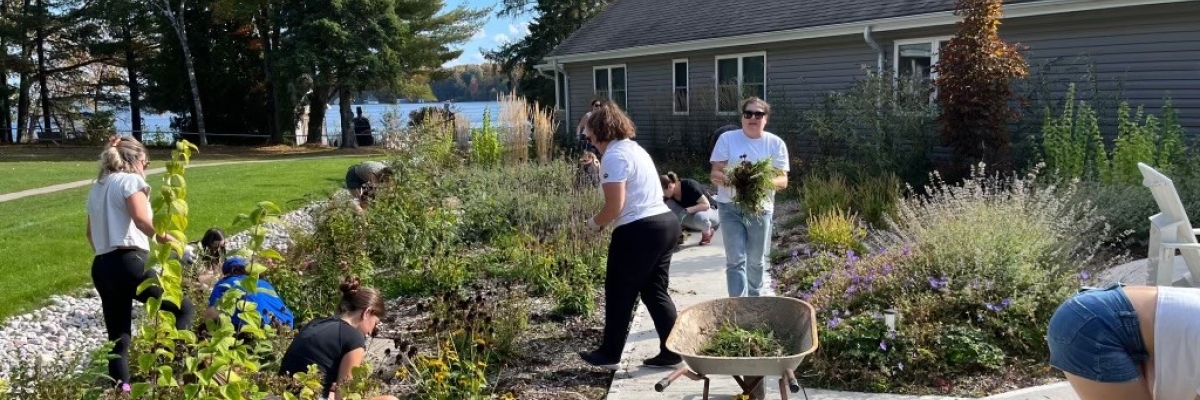 A team of people are weeding and working in the sensory garden.
