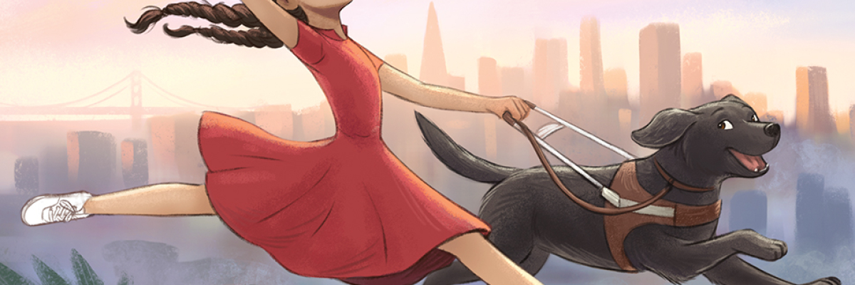 illustration of a girl in a red dress jumping through the air with a smile on her face, accompanied by a black dog in harness.