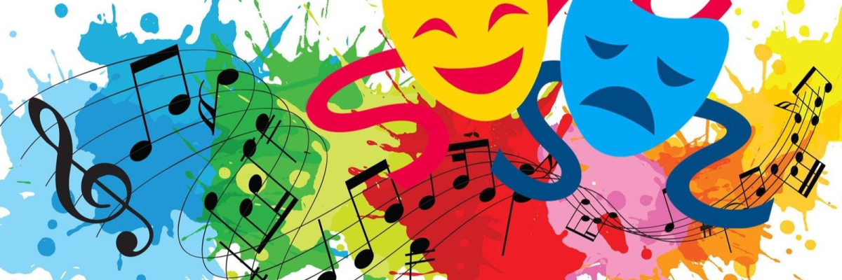 Illustration of musical notes and comedy & tragedy masks on top of splotches of colour in primary colours.