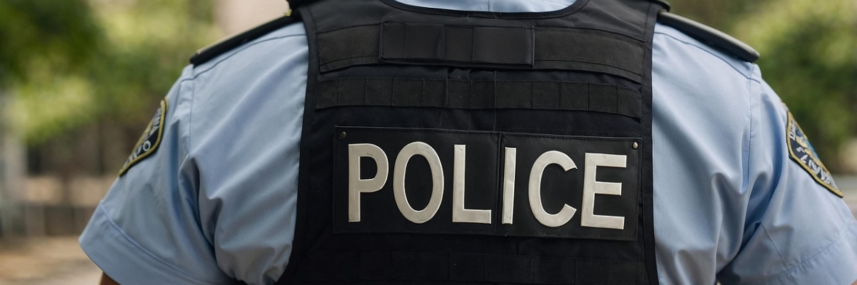 Man wearing a blue police shirt and a vest with "POLICE" on the back.