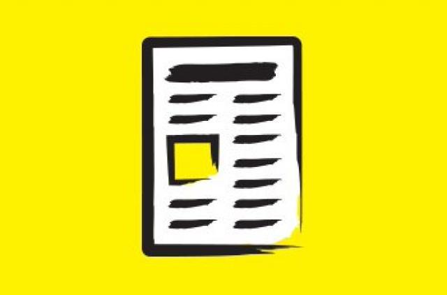 An illustration of a white newspaper on a yellow background.