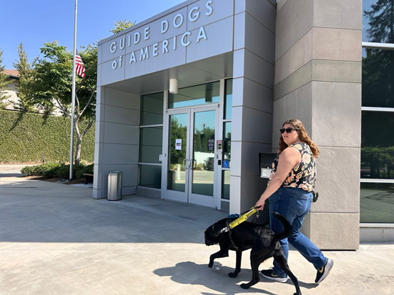 Chelsea Masson walks with her black guide dog, Rango, outside the Guide Dogs of America building on a sunny day. Chelsea is wearing a sleeveless floral top, blue jeans, and sunglasses while holding Rango’s guide harness as they walk past the entrance.