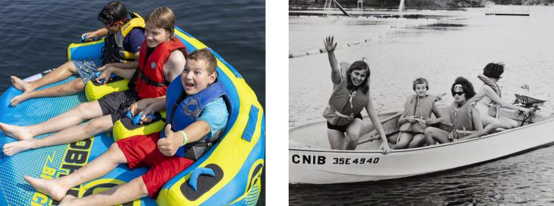 !960s photo of Lake Joe campers in a boat beside modern photo of Lake Joe campers in a boat