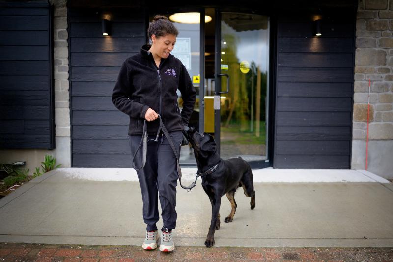 A trainer and a black lab with brindle legs pictured outside the Canine Campus