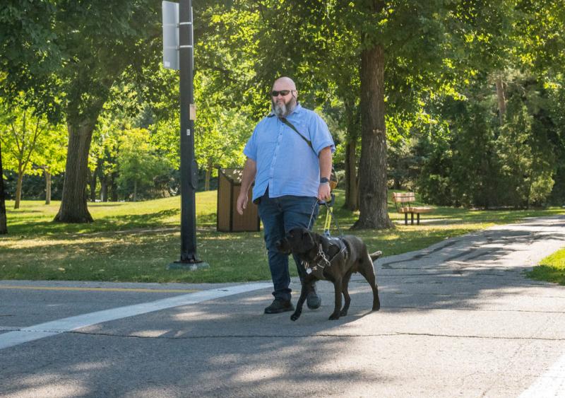 Jason and Midas cross the street walking in a park. Jason wears a light blue collared t-shirt, blue jeans, and black sunglasses.