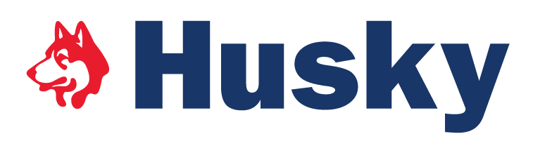 Huskey logo with a red husky beside the text in blue