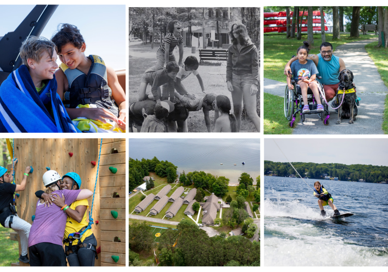 A collage featuring six camp and recreation scenes at Lake Joe. Two young boys smiling together on a boat wrapped in towels and lifejackets; a black-and-white older image of children playing outdoors; a young girl in a wheelchair with an adult and CNIB guide dog on a park path; two people with rocking climbing gear on hugging and smiling infront of a rock climbing wall; aerial view of CNIB Lake Joe camp with cabins and beach; a child wakeboarding on Lake Joe