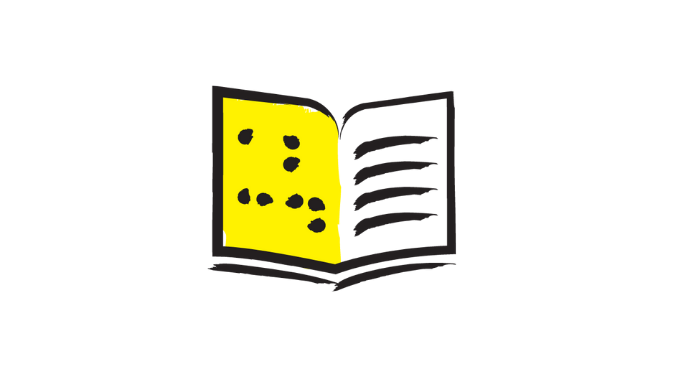 An illustration of a braille book outlined in a black paintbrush style design with yellow accents.